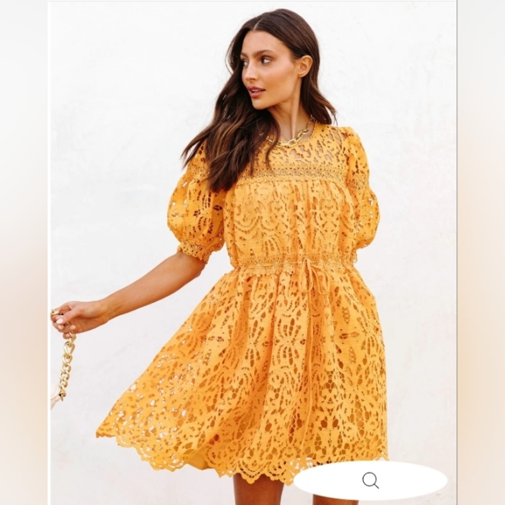 Just Me Sunflower Fields Crochet Lace Mini Dress Marigold Womens Size XS